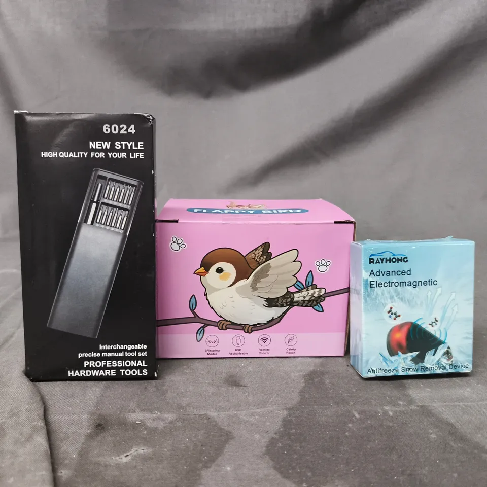 APPROXIMATELY 10 ASSORTED HOUSEHOLD ITEMS TO INCLUDE PROFESSIONAL HARDWARE TOOLS, FLAPPY BIRD CAT TOY, SNOW REMOVAL DEVICE, ETC