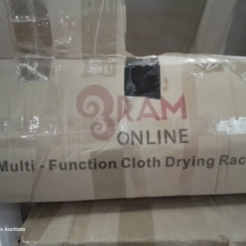 PALLET OF ASSORTED ITEMS TO INCLUDE, MULTI FUNCTION DRYING RACK, SPONGE MOP, BOXED RHONE MIRROR, ROLLER BLIND, CURTAIN POLE, WOK.