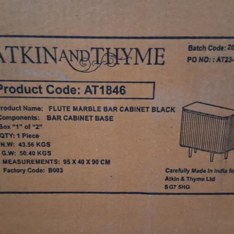 BOXED ATKIN & THYME FLUTE MARBLE BAR CABINET IN BLACK - 1OF1