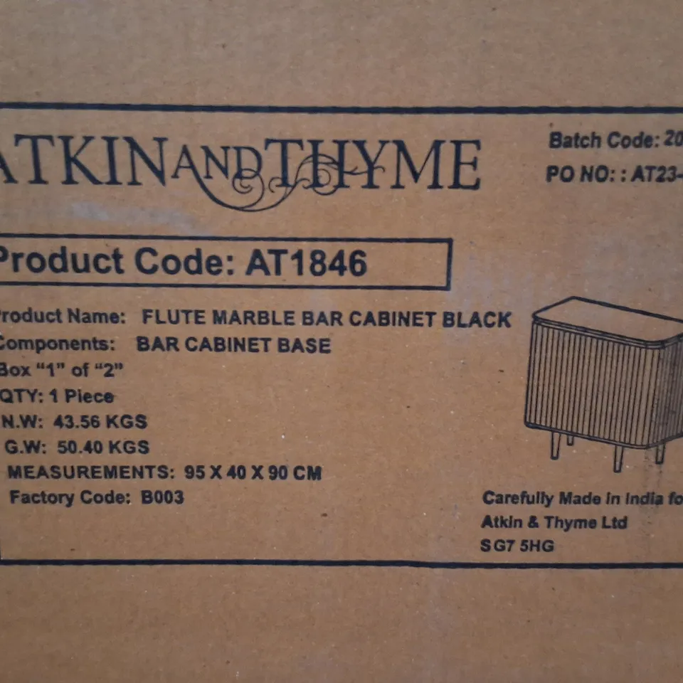 BOXED ATKIN & THYME FLUTE MARBLE BAR CABINET IN BLACK - 1OF1