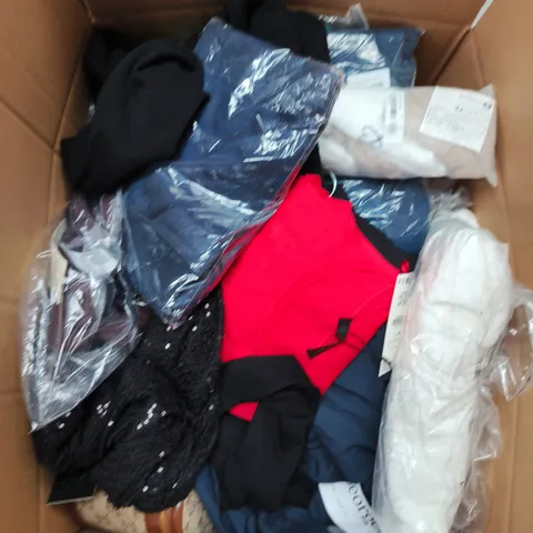 LARGE BOX OF APPROXIMATELY 25 ASSORTED CLOTHING ITEMS IN VARIOUS COLOURS, STYLES AND SIZES - COLLECTION ONLY