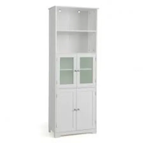 BOXED COSTWAY FREESTANDING STORAGE CABINET WITH TEMPERED GLASS DOOR AND OPEN SHELVES - WHITE (1 BOX)