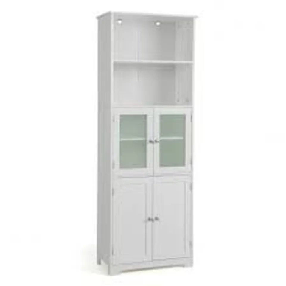 BOXED COSTWAY FREESTANDING STORAGE CABINET WITH TEMPERED GLASS DOOR AND OPEN SHELVES - WHITE (1 BOX)