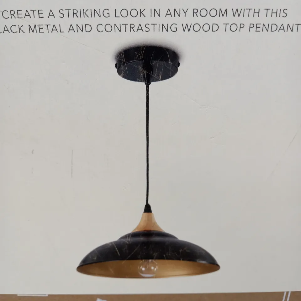 M&S MONACO SHORT BLACK METAL AND CONTRASTING WOOD TOP PENDANT FITTING