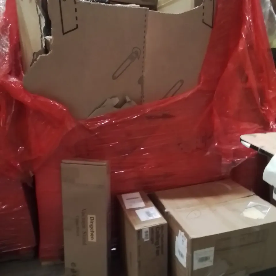 PALLET OF ASSORTED HOUSEHOLD GOODS AND PRODUCTS TO INCLUDE;VACUUM STAND,CEILING FAN WITH LIGHT,AIR FRYER OVEN
