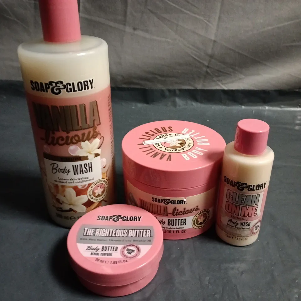 LOT OF 4 ASSORTED SOAP & GLORY BODY CARE PRODUCTS TO INCLUDE BODY BUTTER AND BODY WASH