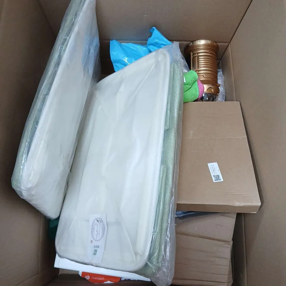 LARGE BOX OF APPROXIMATELY 12 ASSORTED ITEMS TO INCLUDE - BIALETTI MOKA EXPRESS CAFFETTIERA - 32CM EXTRA DEEP FITTED SHEET - PRECISION SCREWDRIVER SET - ETC