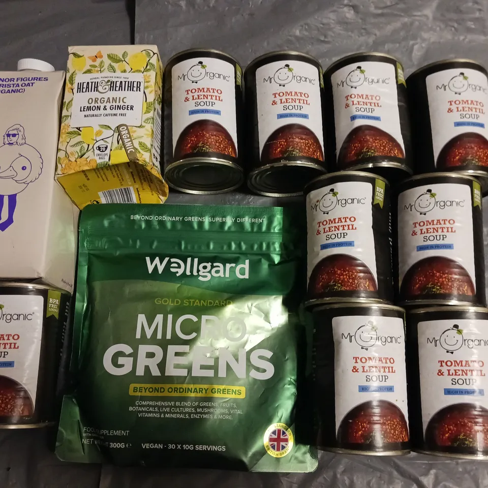 LOT OF 12 ASSORTED FOOD ITEMS TO INCLUDE TOMATO LENTIL SOUP, WELLGARD MICRO GREENS AND LEMON & GINGER TEABAGS