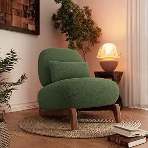 BOXED BOUCLE ACCENT CHAIR UPHOLSTERED TILTED BACK SOFA CHAIR WITH LUMBAR PILLOW & WOOD LEGS THICK CUSHION COMFORTABLE ARMLESS READING CHAIR