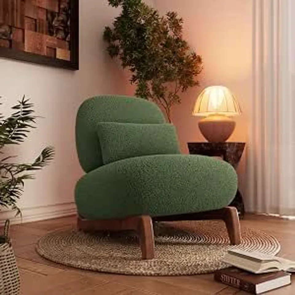 BOXED BOUCLE ACCENT CHAIR UPHOLSTERED TILTED BACK SOFA CHAIR WITH LUMBAR PILLOW & WOOD LEGS THICK CUSHION COMFORTABLE ARMLESS READING CHAIR
