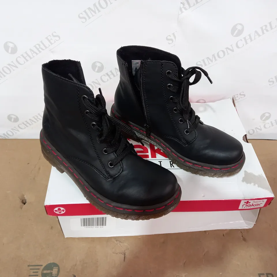 BOXED PAIR OF RIEKER BLACK BOOTS - SIZE 37