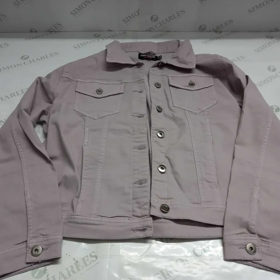 KURT MULLER WOMAN CROP FAUX DENIM JACKET IN PURPLE HAZE - UK 18