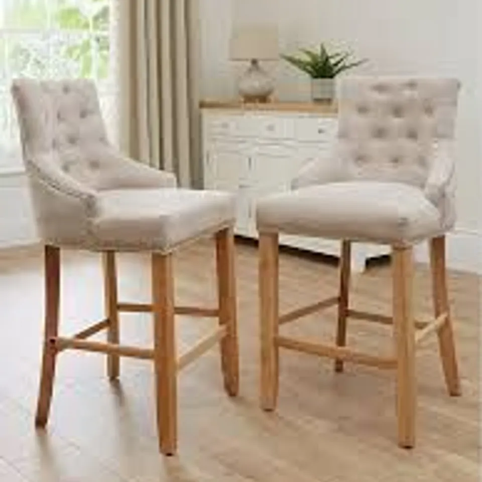 BOXED WARWICK PAIR OF FABRIC BAR STOOLS - NATURAL/OAK (1 BOX) RRP £249