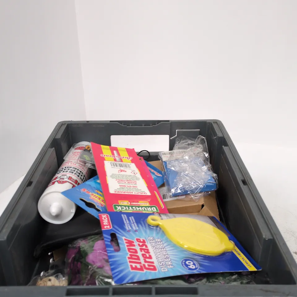 TOTE OF APPROXIMATELY 15 ASSORTED ITEMS TO INCLUDE MECHANICAL PENCIL SET, CLAD GRIP ADHESIVE, ELBOW GREASE DISH WASHER FRESHENER ETC