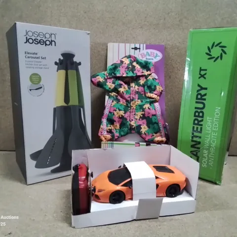 BOX TO CONTAIN ASSORTED HOUSEHOLD GOODS AND PRODUCTS TO INCLUDE; Joseph Joseph elevate carousel set, Canterbury solar wall light, children's costumes etc