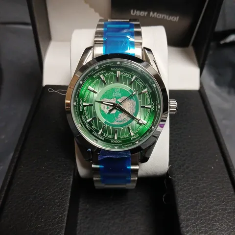 ERNEST FERDINAND STAINLESS STEEL WRISTWATCH – GREEN WORLD-TIME DIAL