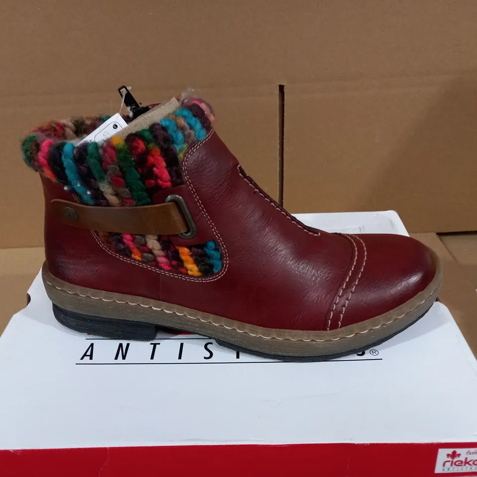 RIEKER WOOL LINED ANKLE BOOTS WINE - SIZE 6
