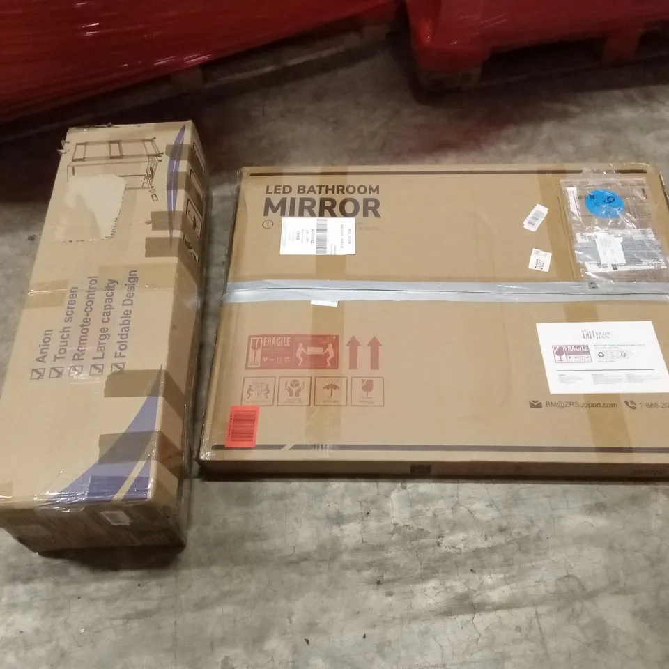 PALLET OF ASSORTED HOUSEHOLD GOODS AND PRODUCTS TO INCLUDE; LED BATHROOM MIRROR, BOXED FURNITURE, WAX MELTED ETC