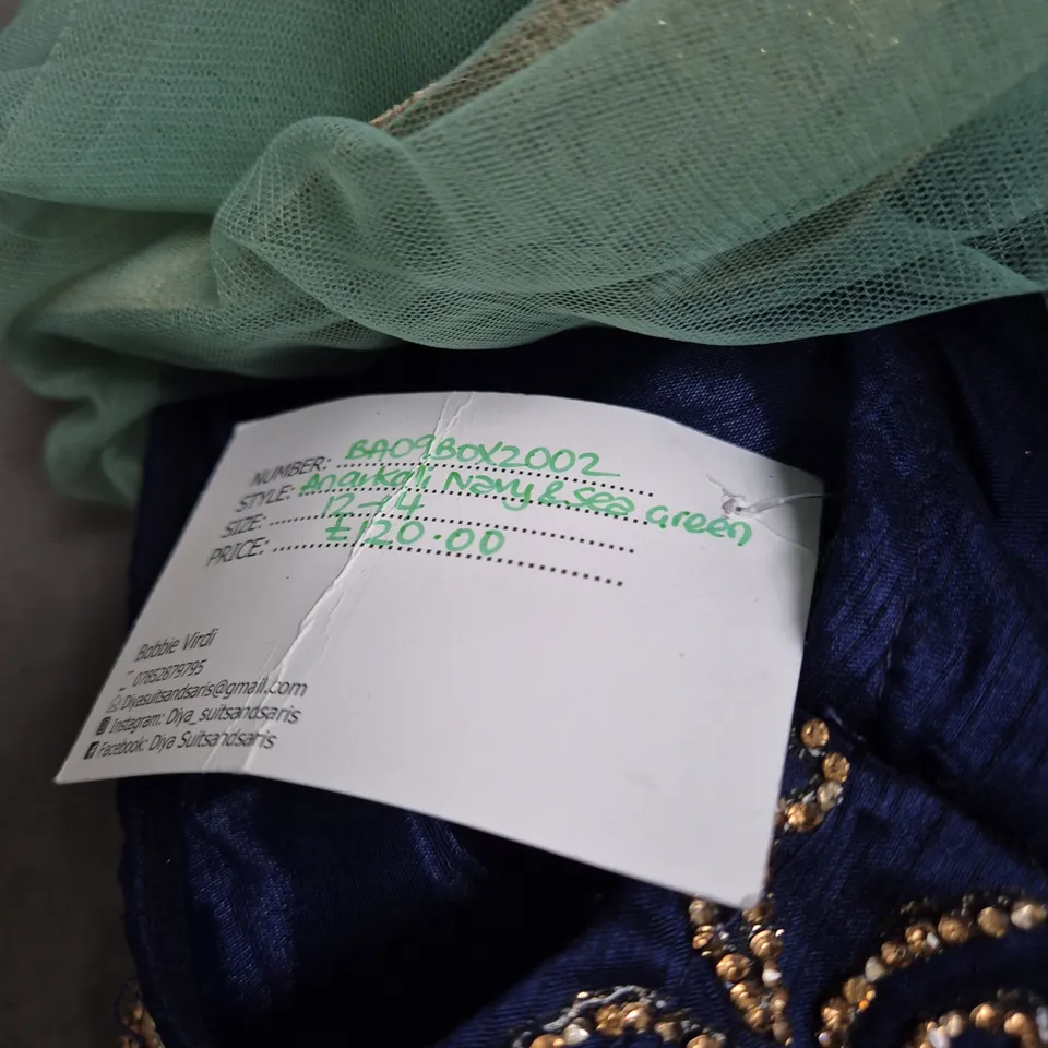 DIYA SUITS AND SARIS LEHENGA CHOLI – RAJWADA VIVAH COLLECTION (BLUE VELVET BODICE, TEAL SKIRT, MINT DUPATTA) SIZE 12- 14.