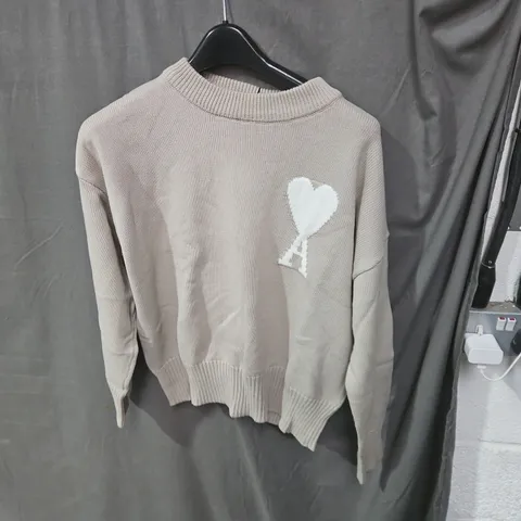 AMI ALEXANDRE MATTIUSSI BEIGE KNIT JUMPER WITH HEART LOGO - SIZE UNSPECIFIED