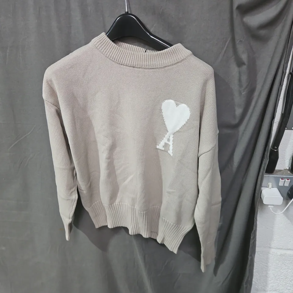 AMI ALEXANDRE MATTIUSSI BEIGE KNIT JUMPER WITH HEART LOGO - SIZE UNSPECIFIED