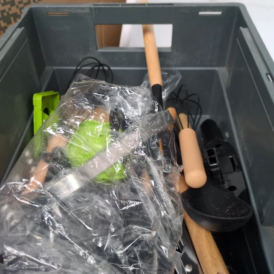TOTE OF APPROXIMATELY 20 ASSORTED ITEMS TO INCLUDE KITCHEN UTENSILS AND POT, JOIST TAPE, DR BECKMANN DISHWASHER CLEANER ETC