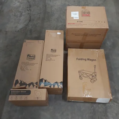 PALLET OF ASSORTED HOUSEHOLD ITEMS AND CONSUMER PRODUCTS TO INCLUDE; TIMBER RIDGE CAMPING WAGON & FOLDING CHAIR, INDUCTION STOVE, BAR STOOL, FOLDING WAGON, BOXED FURNITURE ETC 
