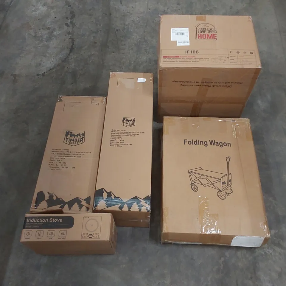 PALLET OF ASSORTED HOUSEHOLD ITEMS AND CONSUMER PRODUCTS TO INCLUDE; TIMBER RIDGE CAMPING WAGON & FOLDING CHAIR, INDUCTION STOVE, BAR STOOL, FOLDING WAGON, BOXED FURNITURE ETC 