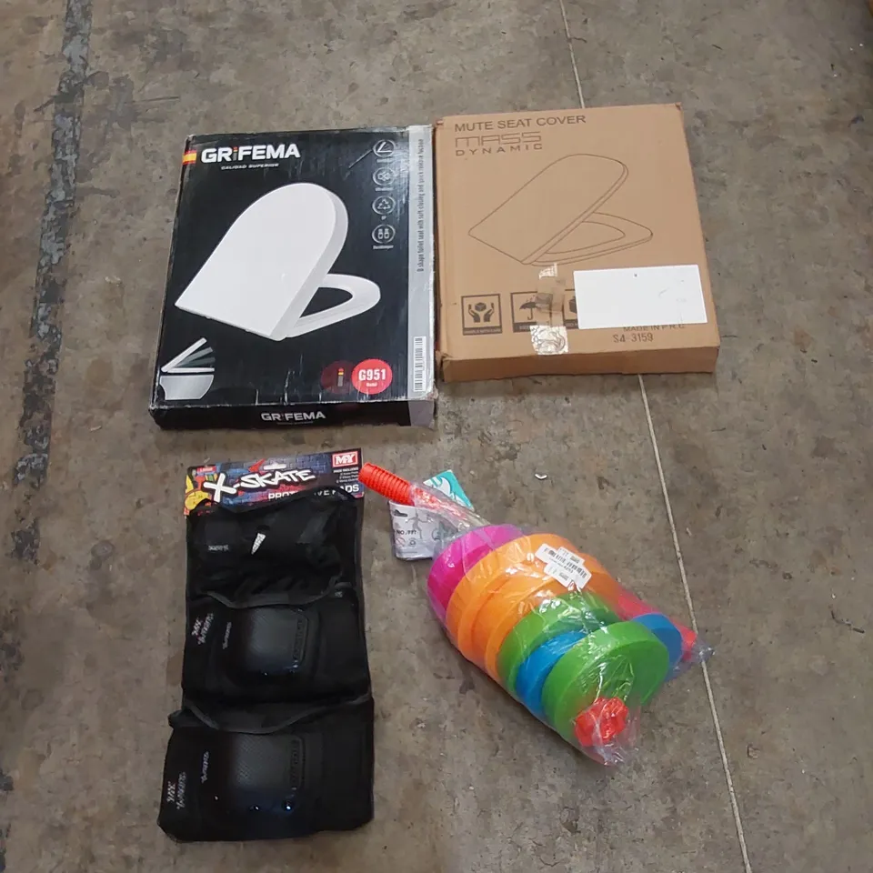 PALLET OF ASSORTED HOUSEHOLD ITEMS AND CONSUMER PRODUCTS TO INCLUDE; KIDS SKATEBOARD PROTECTION, TOILET SEATS, BOXED FURNITURE ETC 