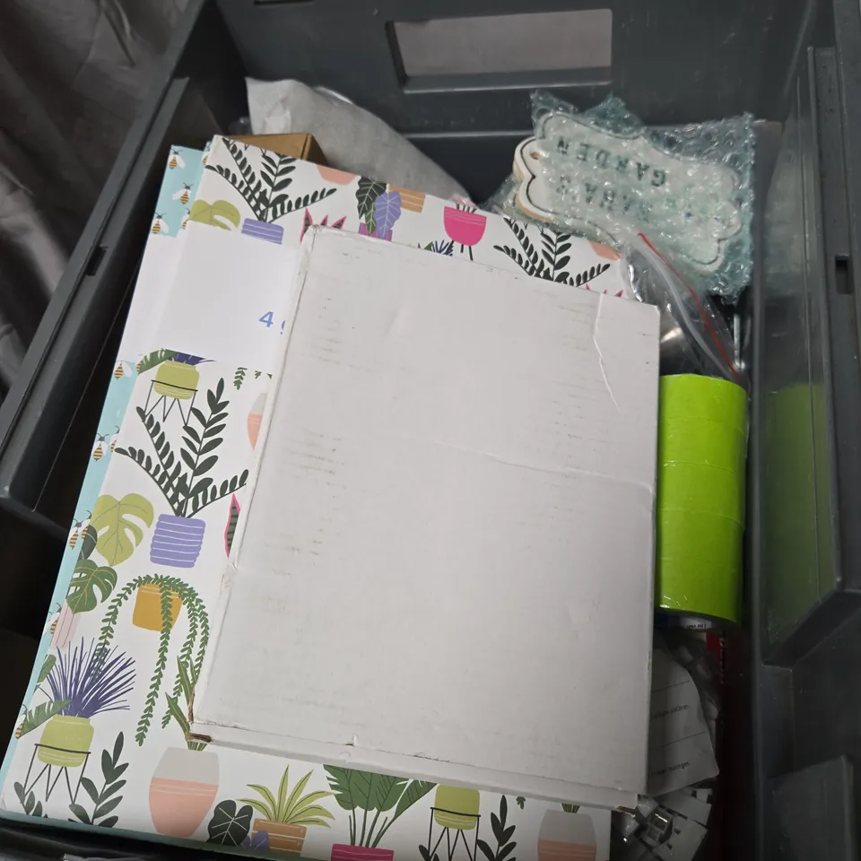 BOX OF APPROXIMATELY 15 ASSORTED HOUSEHOLD ITEMS ICLUDING LIGHT INFANTRY SIGN GIFT WRAP TAGS AND 2025/26 DIARY 