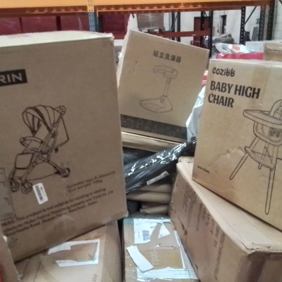 PALLET CONTAINING VARIOUS ASSORTED BOXED HOUSEHOLD ITEMS TO INCLUDE: KIDS SHOWER STAND, PUSHCHAIR, HIGH CHAIR, TOILET SAFETY FRAME AND LOTS MORE UNMARKED BOXED ITEMS 