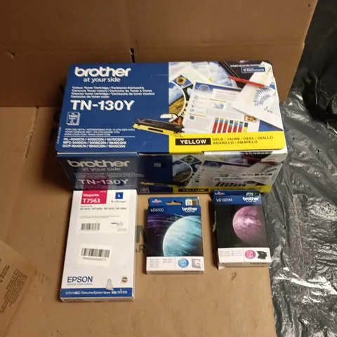 LARGE QUANTITY OF ASSORTED ITEMS TO INCLUDE BROTHER COLOUR TONER CARTRIDGE, EPSON MAGENTA CARTRIDGE, VARIOUS BROTHER COLOURED CARTRIDGES ETC - COLLECTION ONLY