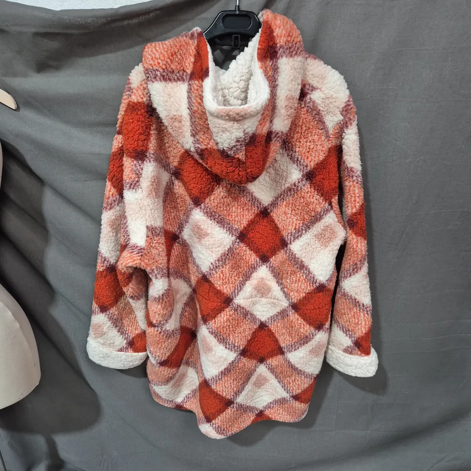 WOMEN'S PLUSH FLEECE HOODED PLAID COAT – ORANGE, CREAM & PINK SIZE LARGE