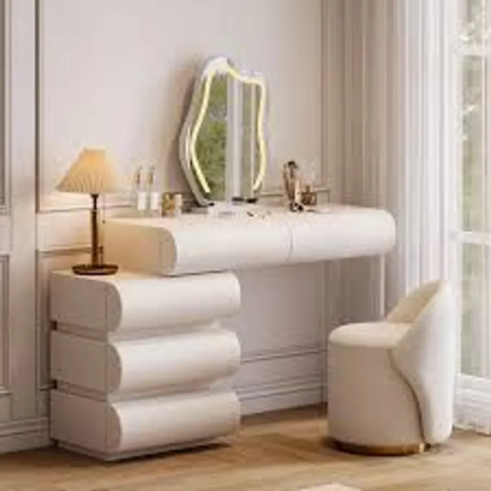 BOXED HUMPLY WHITE LEATHER MAKE-UP VANITY SET WITH MIRROR BY BLACK (4 BOXES)