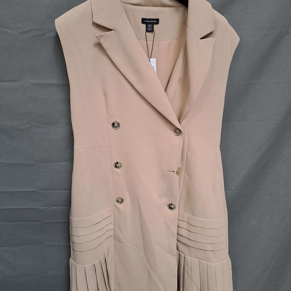 KAREN MILLEN PLEATED BUTTON DETAIL WOVEN SLEEVELESS MINI DRESS IN NUDE SIZE 14