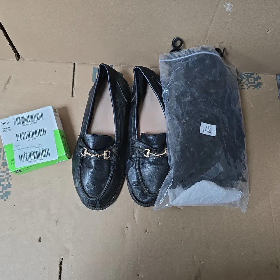 LARGE QUANTITY OF ASSORTED ITEMS TO INCLUDE WIG, FAUX LEATHER PUMPS, BELKIN CHARGER, ETC - COLLECTION ONLY