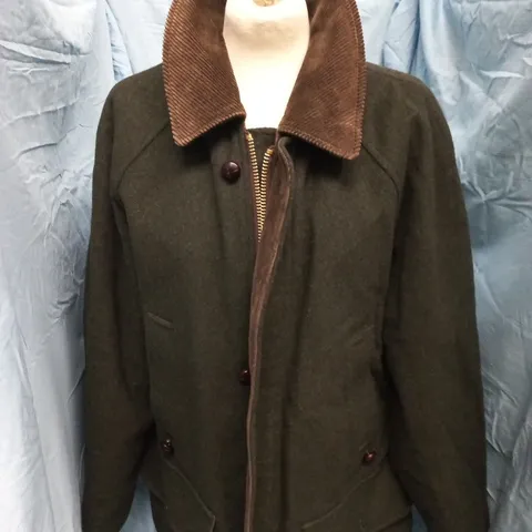 BARBOUR LODEN JACKET – OLIVE GREEN WOOL WITH CORDUROY COLLAR – SIZE UNSPECIFIED