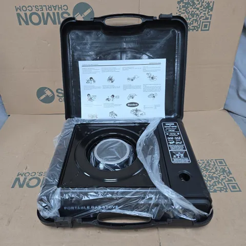 PORTABLE GAS STOVE WITH INSTRUCTIONS, IN BLACK CARRY CASE. BOXED