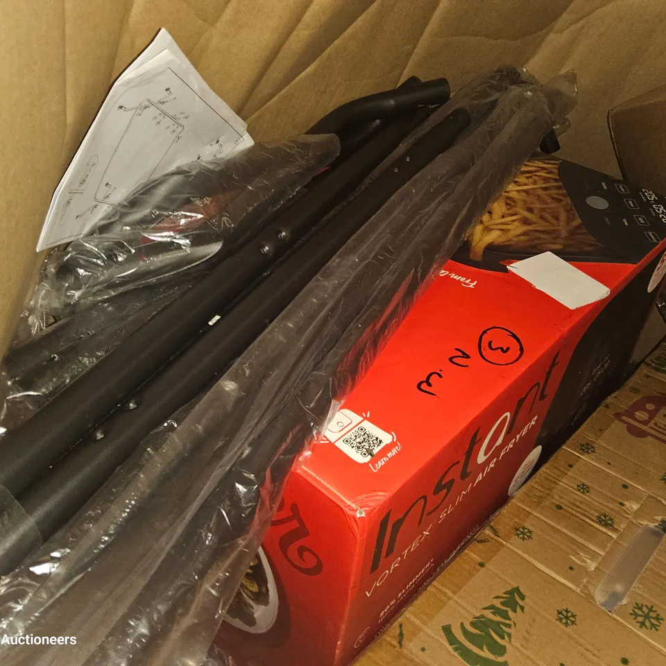 PALLET OF ASSORTED ITEMS, INCLUDING, AIR FRYER, CHRISTMAS TREES, DANCE MAT, TOY ASSAULT RIFLE, HEAVY DUTY CLOTHES RAIL.