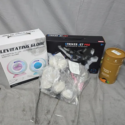 APPROXIMATELY 15 ASSORTED ITEMS TO INCLUDE LEVITATING GLOBE TOY, STRIKER JET PRO TOY, TUMERIC & GINGER GUMMIES, ETC