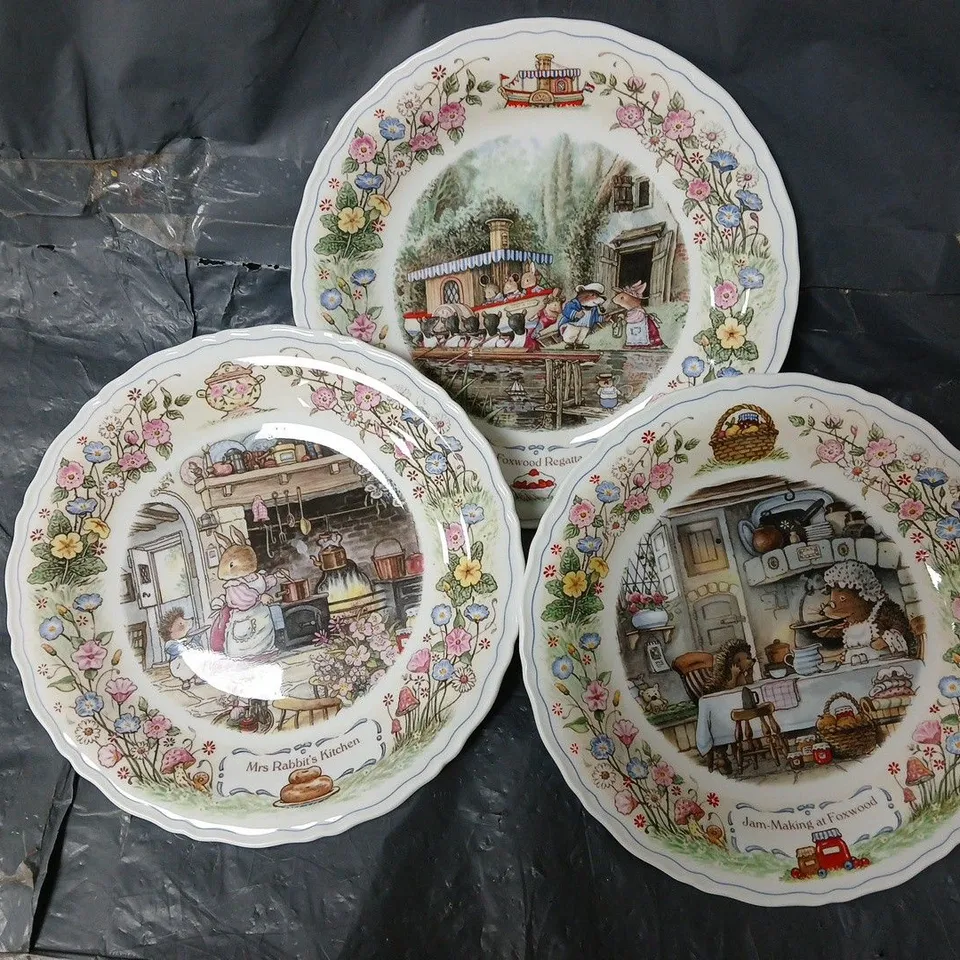 3 WEDGWOOD FOXWOOD TALES A FINE BONE CHINA 21CM PLATE BY BRAIN PATERSON TO INCLUDE MRS RABBIT'S KITCHEN, FOXWOOD REGATTA, JAM-MAKING AT FOXWOOD