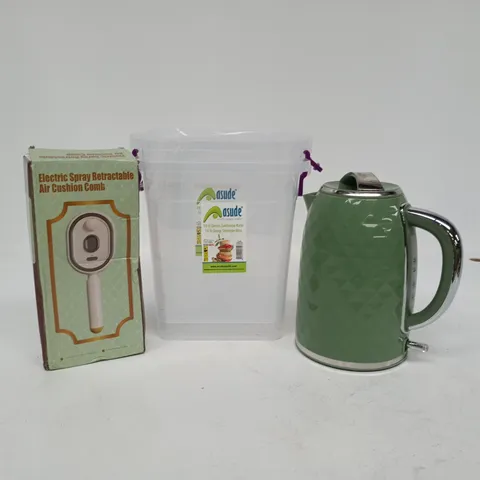 CAGE OF APPROXIMATELY 18 ASSORTED ITEMS TO INCLUDE GEORGE GREEN KETTLE, ELECTRIC SPRAY AIR CUSHION COMB, SET OF 2 10L STORAGE BOXES ETC