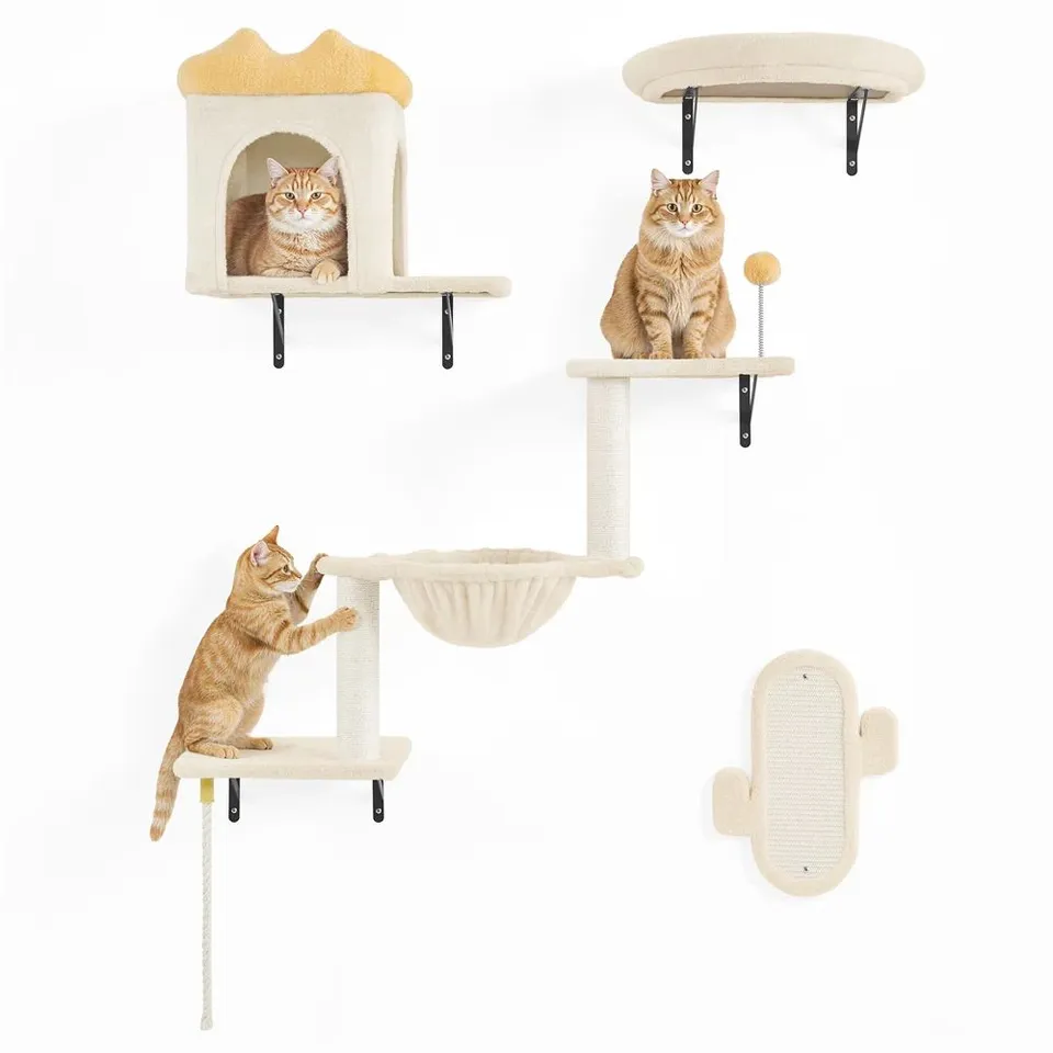 BOXED YAHEETECH WALL-MOUNTED CAT CLIMBING TREE SET WITH CONDOS - BEIGE (1 BOX)