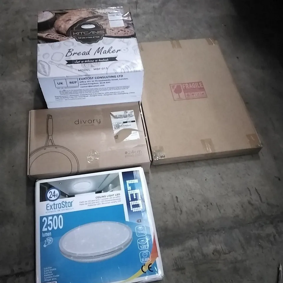 PALLET OF HOUSEHOLD ITEMS TO INCLUDE BREAD MAKER,MIRROR, KITCHWARE, LED CEILING LIGHT AND OTHER ASSORTED ITEMS...