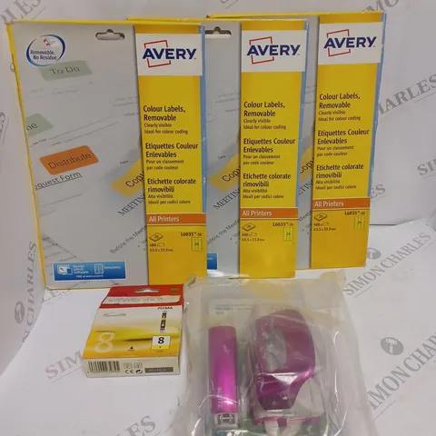 5 X ASSORTED OFFICE EQUIPMENT TO INCLUDE REMOVABLE COLOUR LABELS, STAPLER SET & CANON PIXMA INK