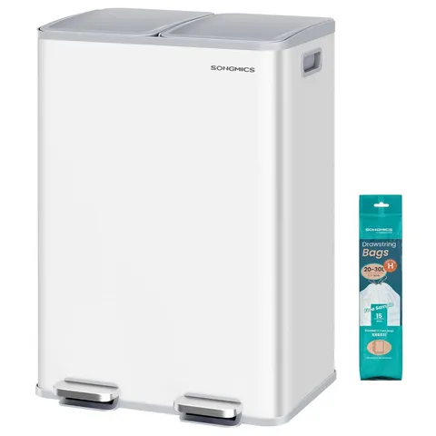 BOXED SONGMICS KITCHEN BIN, 2 X 8 GALLON (2 X 30 L) DUAL-COMPARTMENT PEDAL RUBBISH BIN - WHITE
