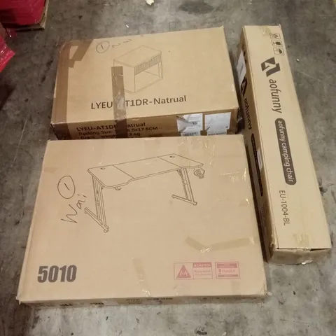 PALLET OF ASSORTED HOUSEHOLD GOODS AND PRODUCTS TO INCLUDE; CAMPING CHAIRS, COMPUTER DESK, OFFICE CHAIR, BOXED FURNITURE ETC