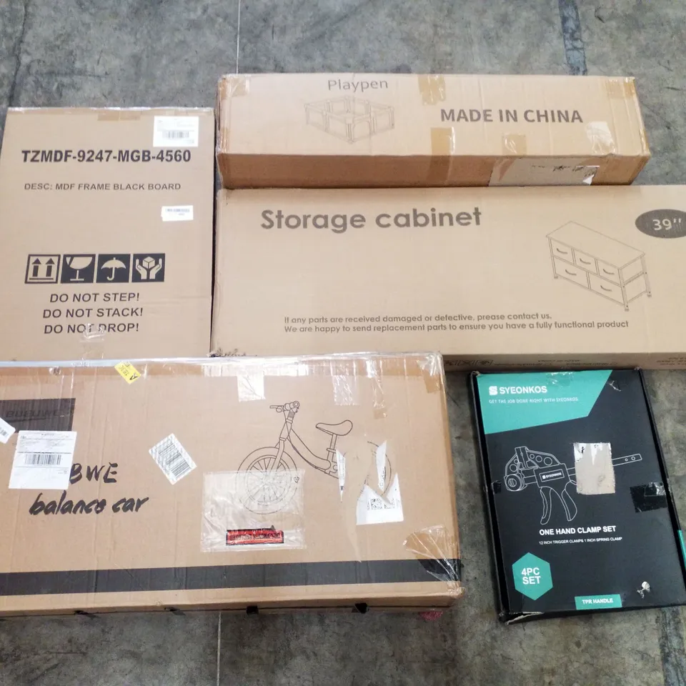 PALLET OF ASSORTED PRODUCTS INCLUDING MDF FRAME BLACK BOARD, PLAYPEN, STORAGE CABINET, BALANCE BIKE, ONE HAND CLAMP SET