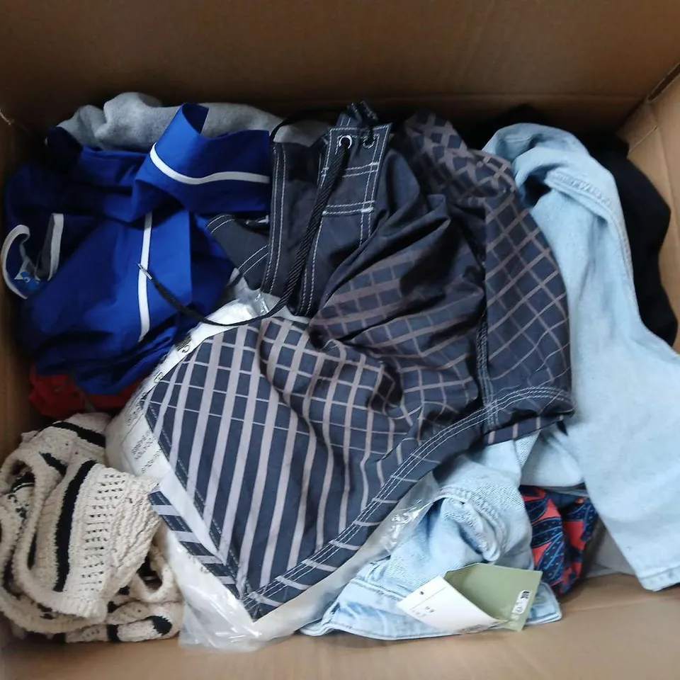 LARGE BOX OF ASSORTED CLOTHING ITEMS IN VARIOUS SIZES, STYLES AND COLOUR TO INCLUDE SHORTS, JUMPER, JEANS, ETC