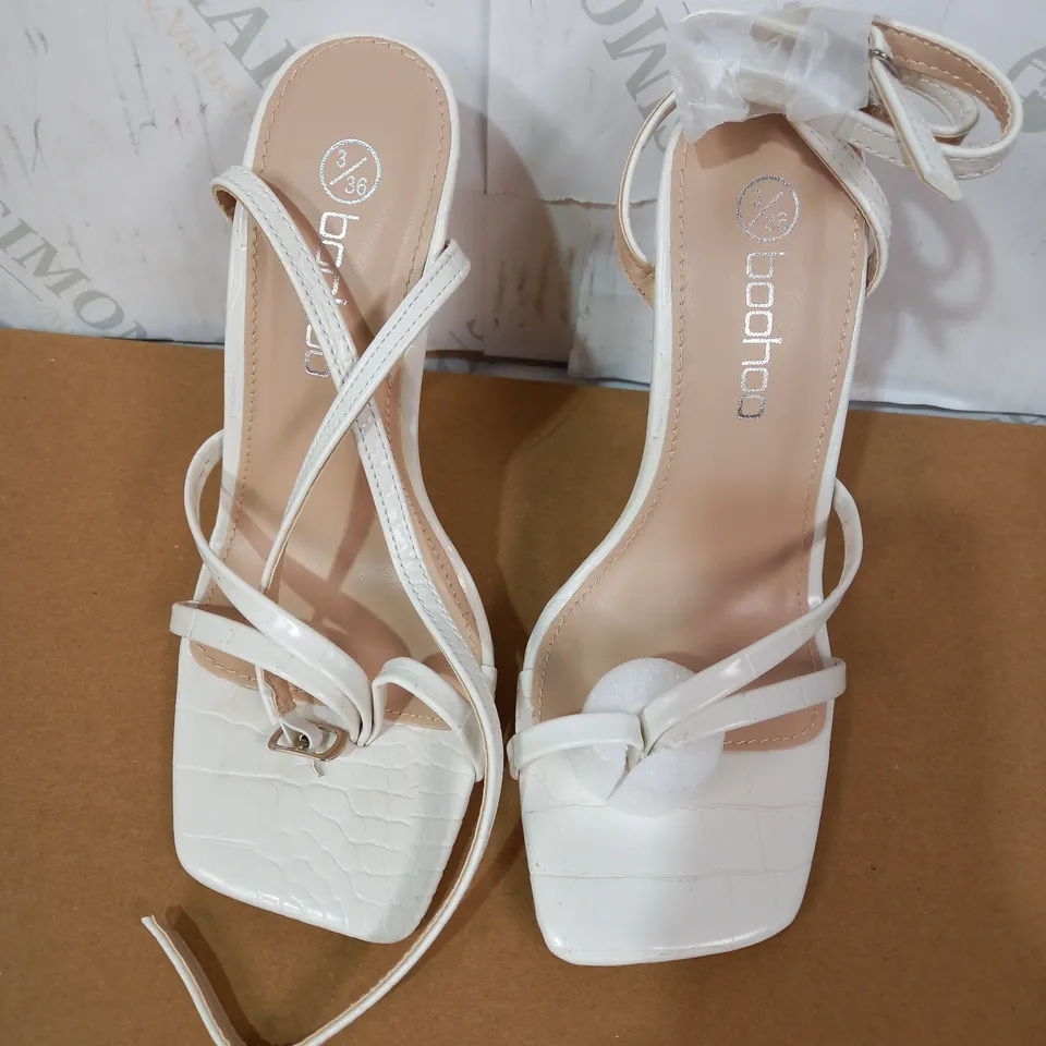 PAIR OF BOOHOO HIGH HEELS (WHITE LEATHER), SIZE 36 EU